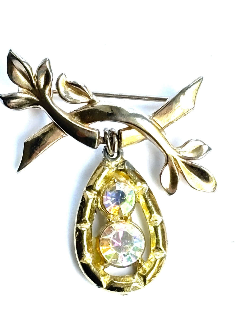 Coro Signed Vintage Gold Tone Botanical Rhinestone Dangle Brooch MCM 1950s